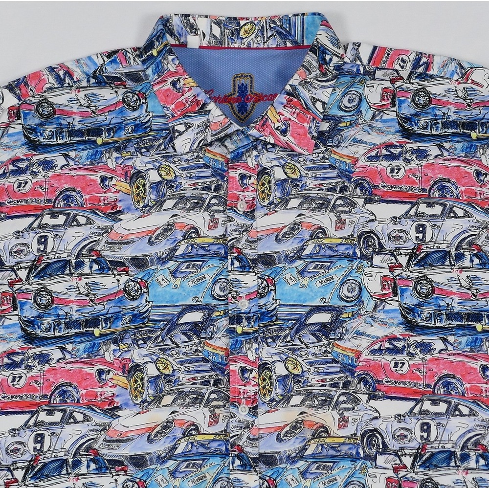 Luchiano Visconti Mens 3XL Race Car Print Short Sleeve Button Down Shirt Cotton